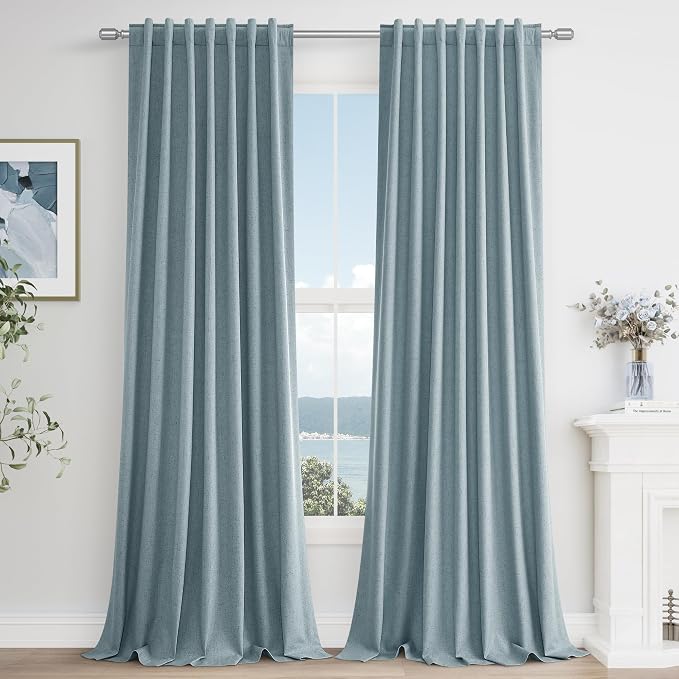 Guken Blue 100% Blackout Linen Curtains 100 Inch Length 2 Panels Set by Guken
