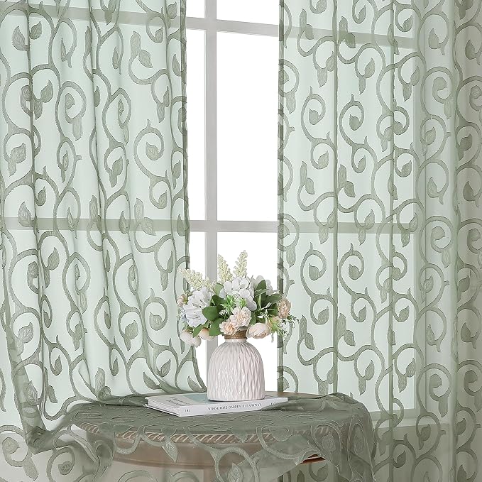 OWENIE Sage Green Sheer Curtains 63 inch Length by OWENIE