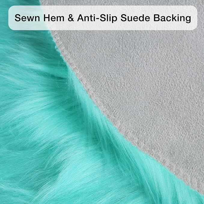 duduta Turquoise Blue Faux Sheepskin Round Rug 4x4 ft, Fluffy Shag Fur Bedroom - Image 3