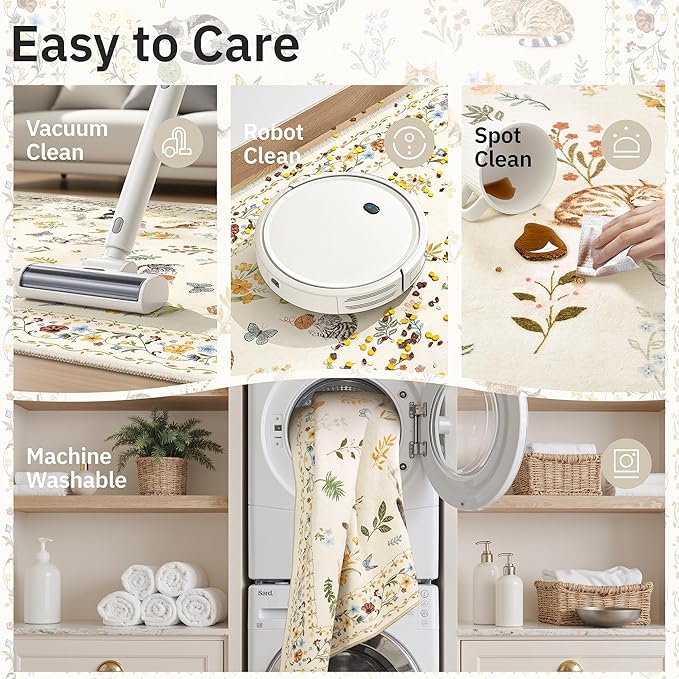 Cat 4x6 Area Rugs, Machine Washable Animal Floral Accent Rug Non-Slip Low Pile - Image 7