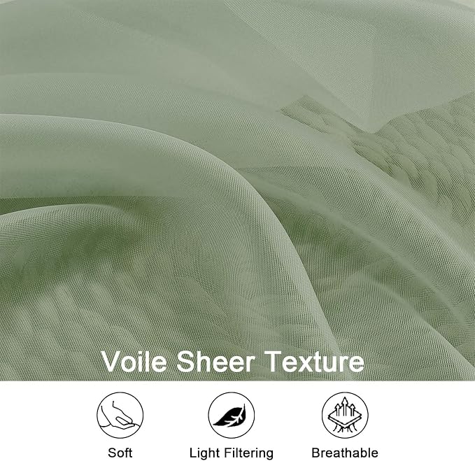 OWENIE Sage Green Sheer Curtains, Sheer Curtains 96 inches Long 2 Panels Set - Image 3