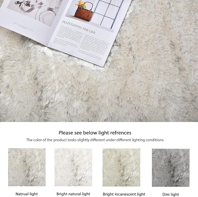 ORINOVA White and Grey Round Shag Rug 4ft Faux Sheepskin Fur Rugs - Image 9
