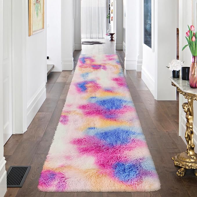 Fluffy Colorful Rug for Bedroom 2x8 ft Kawaii Tie-Dyed Area Rug Non Slip Cute - Image 2