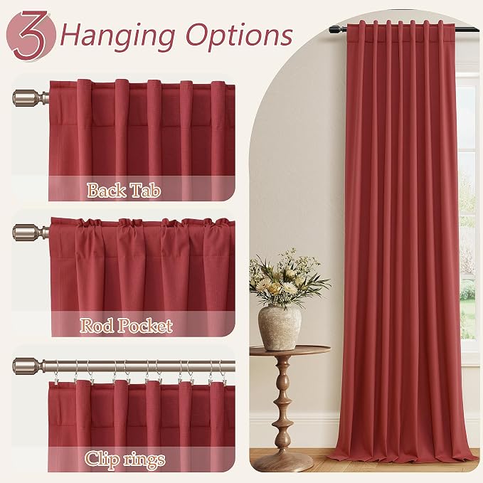 Guken Red 100% Blackout Linen Curtains 90 Inch Length 2 Panels Set - Image 6
