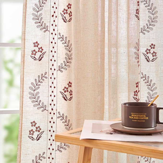 jinchan Belrose Linen Curtains for Bedroom Floral Curtains 63 Inch Length Linen by JINCHAN