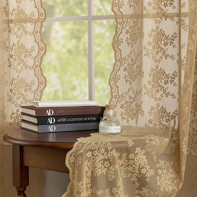 YJ YANJUN Vintage Lace Curtains 84 Inches Long-Victorian Floral Pattern Taupe by YJYANJUN