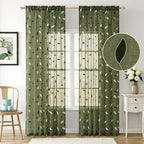 MIULEE Olive Green Sheer Curtains 2 Panels Embroidered Leaf Patterned Rod - Image 2