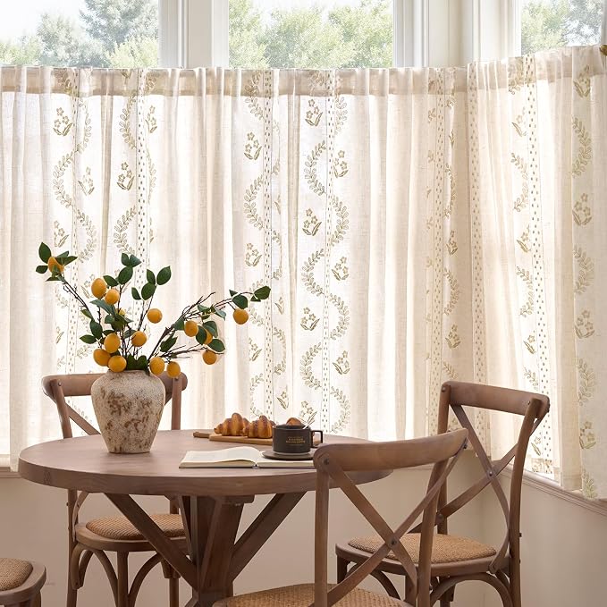 jinchan Belrose Linen Floral Cafe Curtains 54 Inch Length Embroidered Farmhouse - Image 3