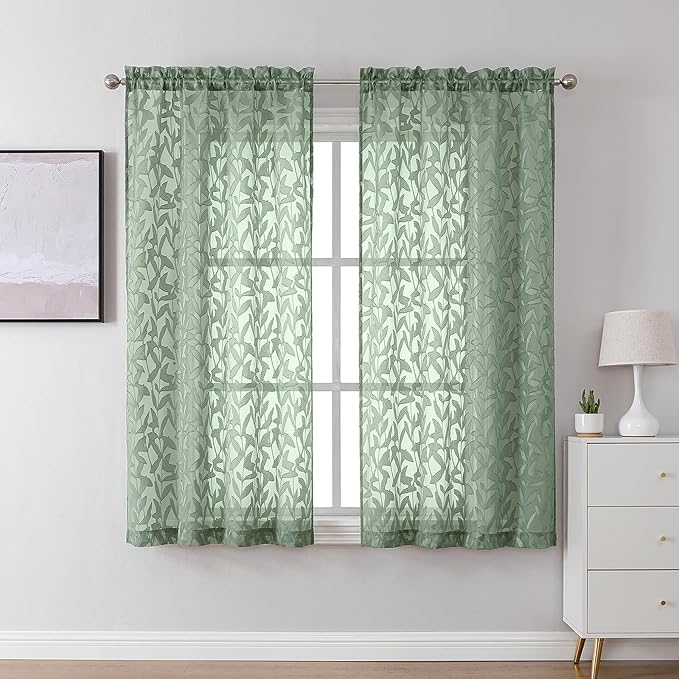 Lecloud Leia Sage Green Sheer Curtains 45 Inch Length 2 Panels, Elegant Balance by Lecloud