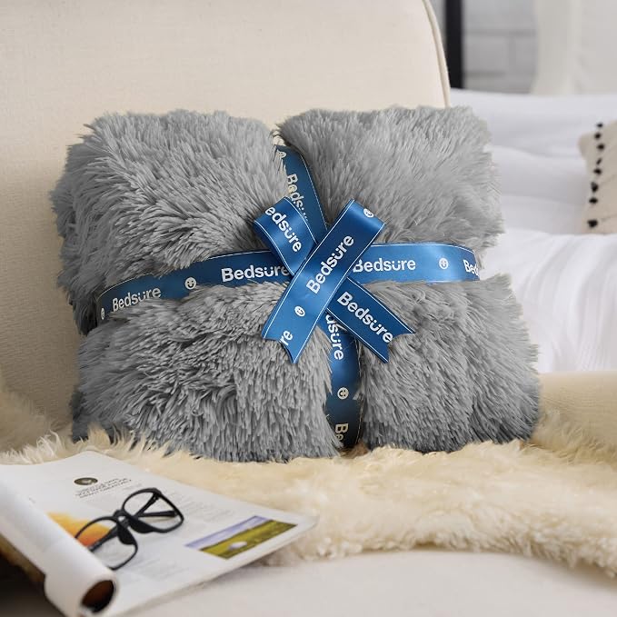 Bedsure GentleSoft Fuzzy Sherpa Faux Fur Twin Blanket Grey Cozy Gifts - Image 6