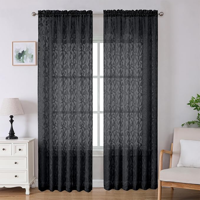 Lecloud Leia Black Sheer Curtains 96 Inches Long 2 Panels, Airy Leaf Jacquard by Lecloud