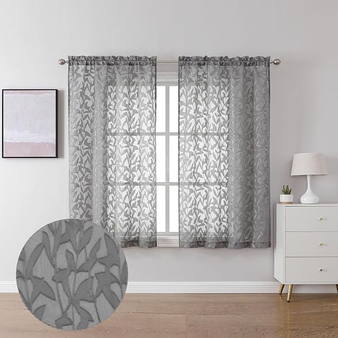 Lecloud Leia Living Room Charcoal Grey Sheer Curtains 45 Inches Length 2 Panels by Lecloud