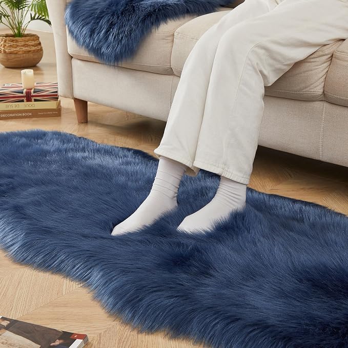 AMTOVO Faux Sheepskin Rug, Dark Blue Ultra Soft Fluffy Shag Area Rug, 2 x 6 ft - Image 9