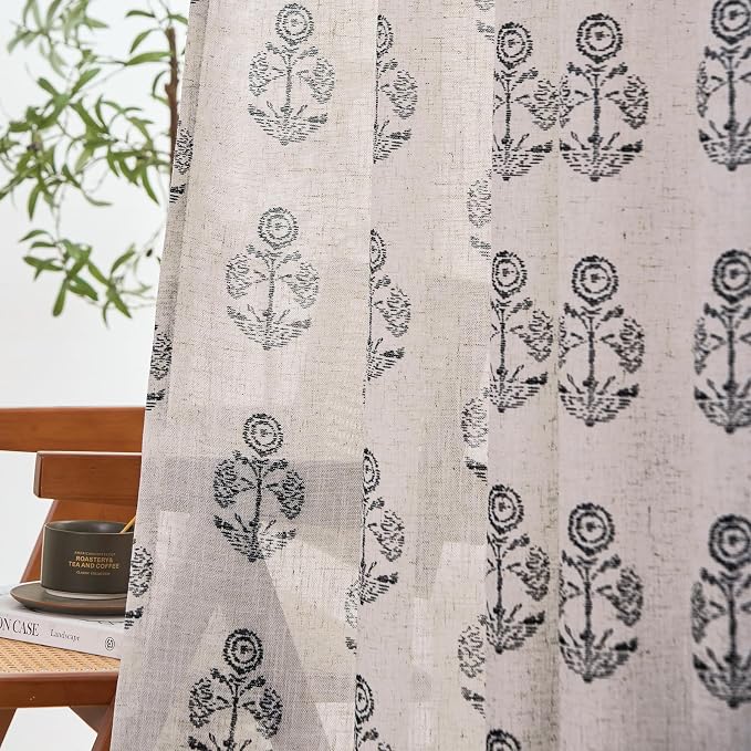 jinchan Linen Floral Curtains for Living Room 84 Inch Length Black Flower - Image 3