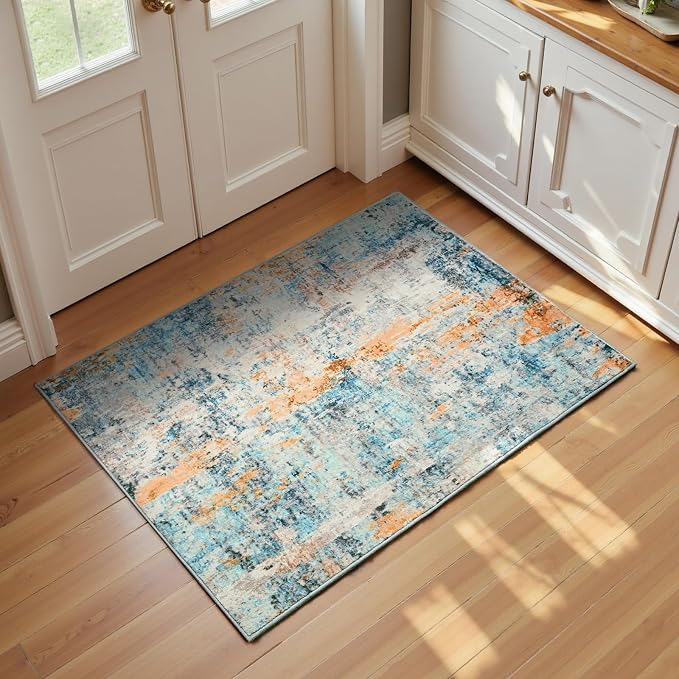 Entrance Rugs Indoor 2x3 Blue Entry Rug Washable Abstract Small Area Rug by OmpaaHomeDecor