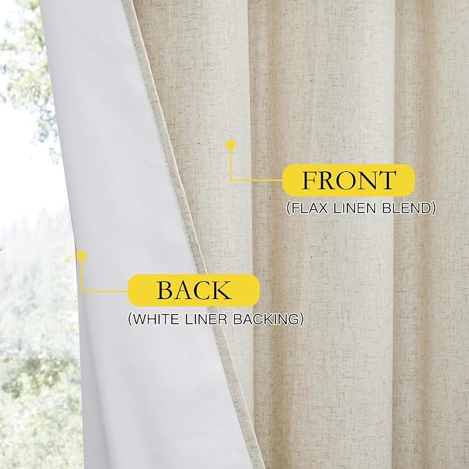NICETOWN Natural Full Blackout Boho-Chic Linen Curtains 80 inch Long 2 Panels - Image 7