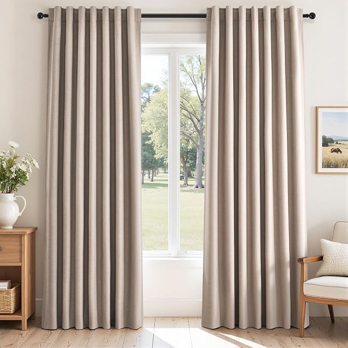 Natural Beige blackout curtains 84 inch Long 2 Panels 100% Blackout Linen by Topfinel