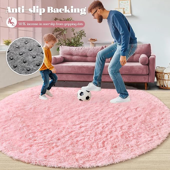 Pink Round Rugs for Bedroom: 4ft Circle Fluffy Shag Soft Washable Rug Small - Image 5