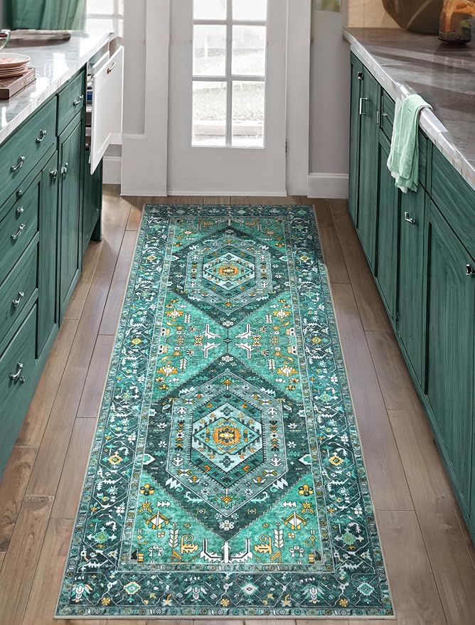 SERISSA Boho Washable Runner Rug, 2x5 Rug Runner Non-Slip Vintage Teal Hallway by SERISSAHomeDecorCollection