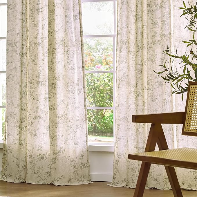 Lazzzy 90 inch Long Curtain for Bedroom Green Floral Linen Drapes for Living - Image 7