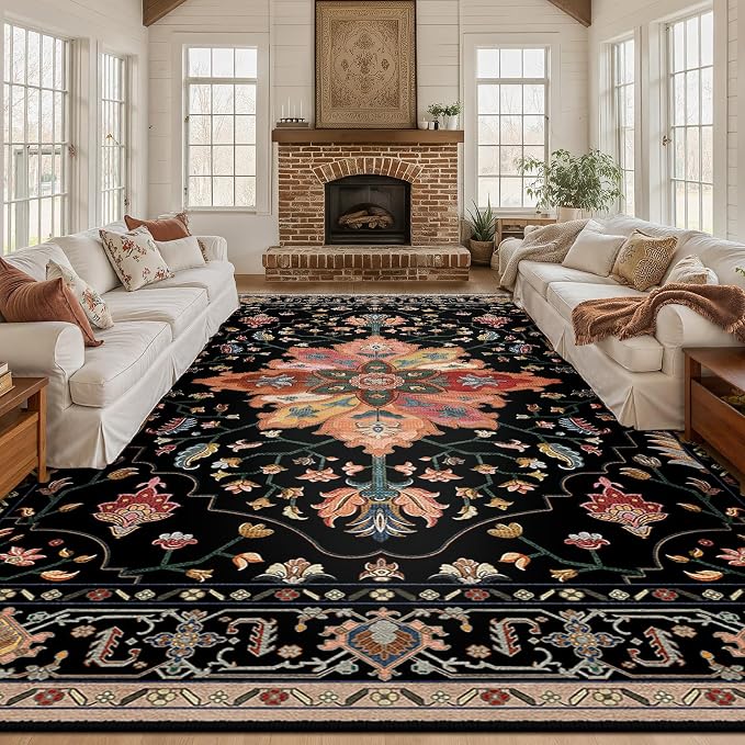 RELEANY Area Rugs 10'x12' Washable Non-Slip, Floral Vintage Distress Print by RELEANY