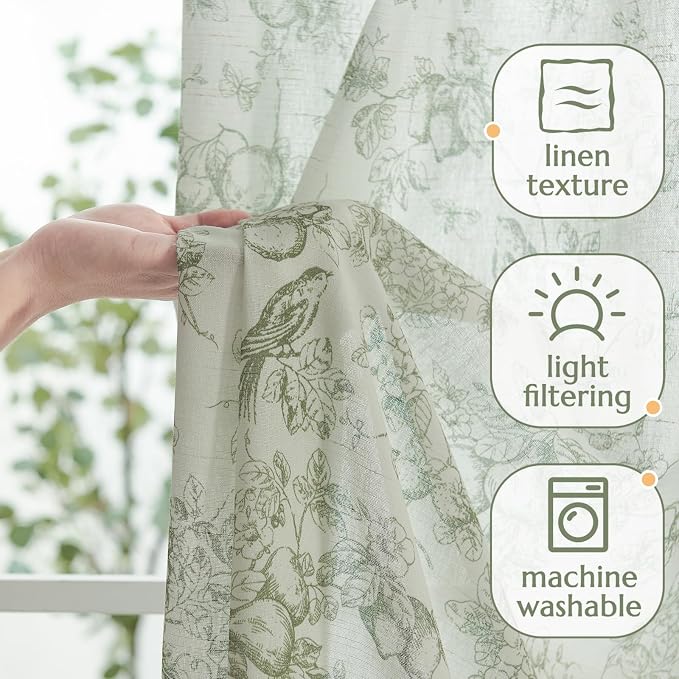 jinchan Linen Floral Curtains for Living Room 96 Inch Long Sage Green Printed - Image 3