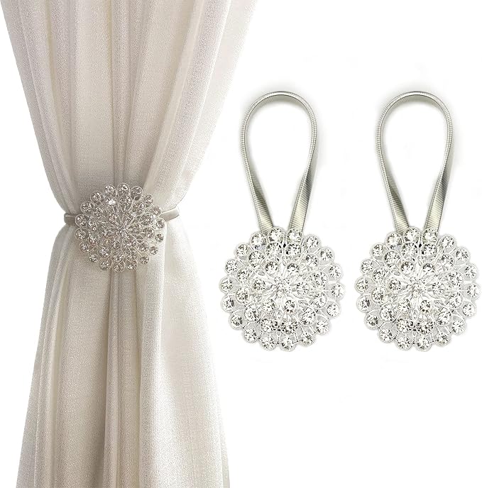 Magnetic Tiebacks for Curtains, 2 Pack Sparkling Crystal Flower Curtain by FOZUBOYO