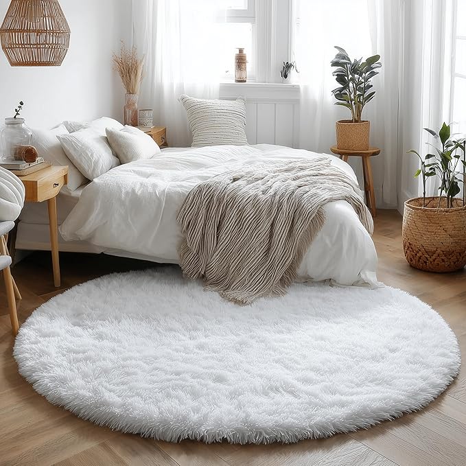 Round Rugs 5Ft White Circle Area Rug, Fluffy Fuzzy Bedroom Carpets - Image 5