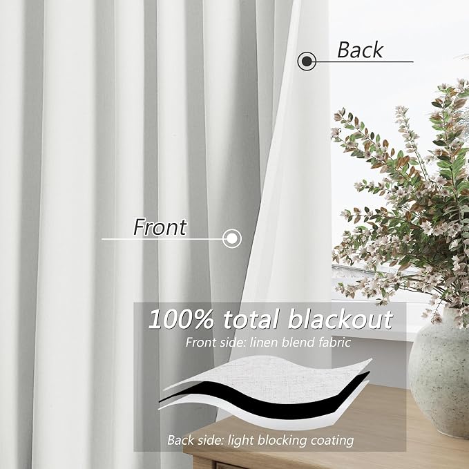 Guken White 100% Blackout Linen Curtains 100 Inch Wide by 90 Inch - Image 3
