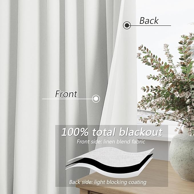 Guken White 100% Blackout Linen Curtains 42 Inch Wide by 102 Inch 2 Panels Set - Image 4