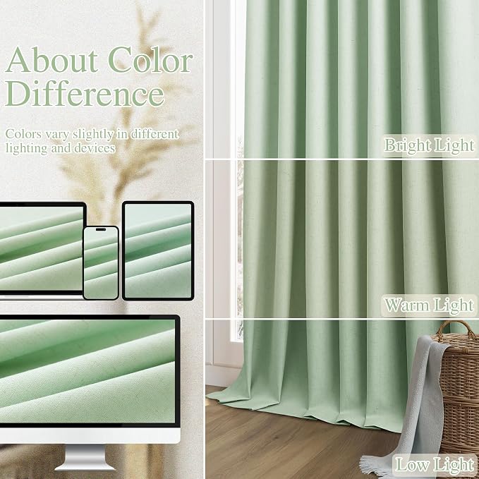 Guken Aqua Green 100% Blackout Linen Curtains 80 Inch Length 2 Panels Set - Image 7