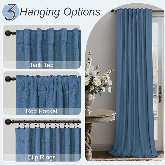 Denim Blue Back Tab Blackout Curtains 108 Inches Long 2 Panel Set Cotton Linen - Image 6