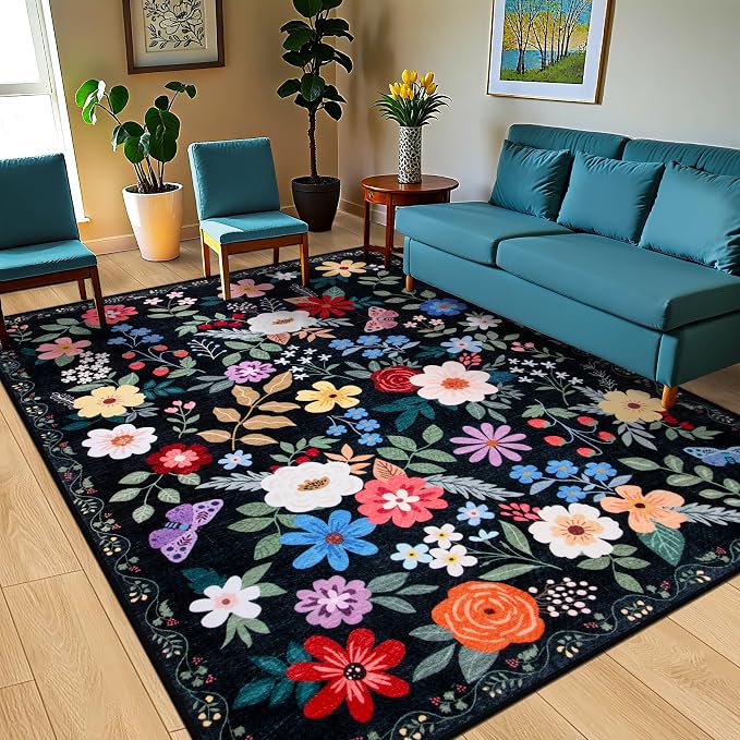 Area Rugs 9x12 Living Room: Floral Washable Rug Vintage Large Soft Boho - Image 2