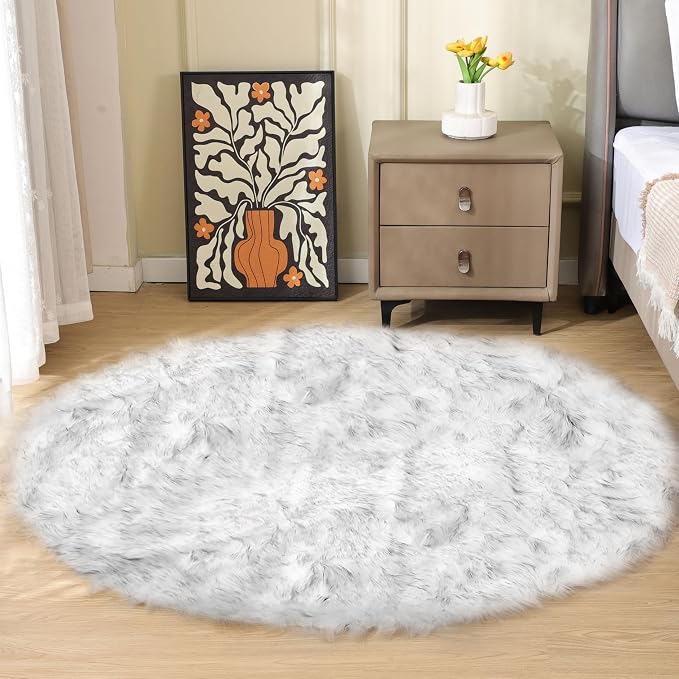 ORINOVA Grey and White Washable Shaggy Round Rug 5ft Circle Faux Sheepskin by ORINOVA