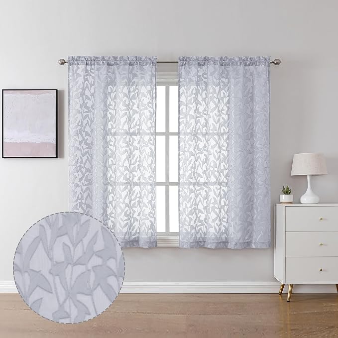 Lecloud Leia Light Grey Semi Sheer Curtains 45 Inch Length 2 Panels, Jacquard by Lecloud