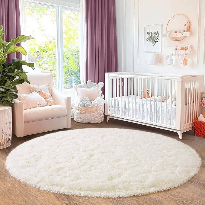 5'x5' Cream Round Rugs for Girls Bedroom, Ultra Soft Fluffy Circle Rug for Kids - Image 7