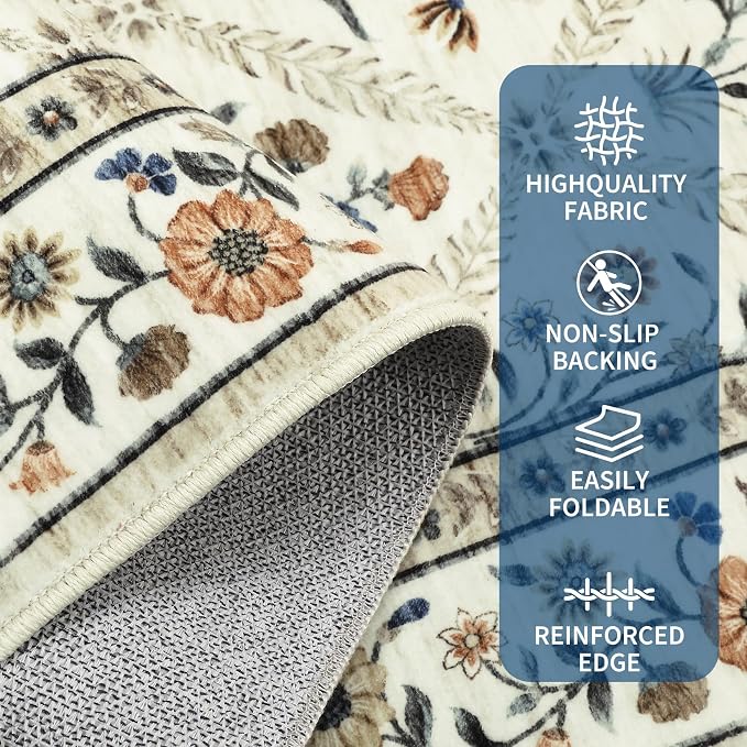 Floral Washable Entryway Rug Non-Slip 2x3 Front Door Mat Vintage Low-Pile Small - Image 5