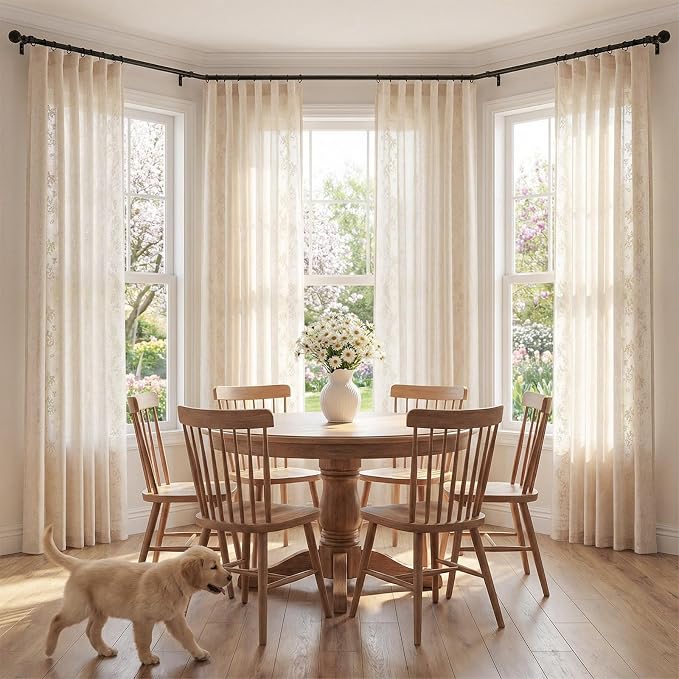 jinchan Evelyn Embroidered Linen Curtains Ivory Farmhouse Floral Window Drapes - Image 3