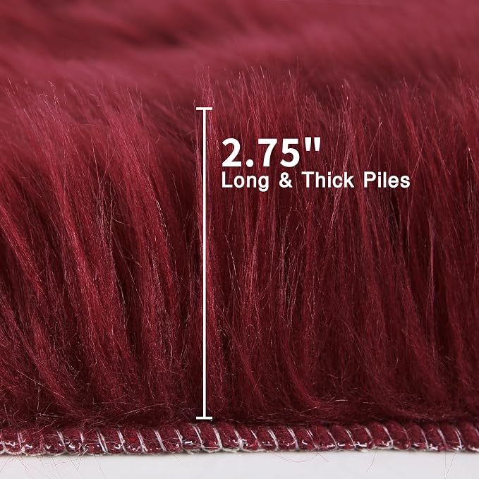 duduta Burgundy Faux Fur Round Rug 4x4 ft, Fluffy Shag Sheepskin Circle Rug - Image 2