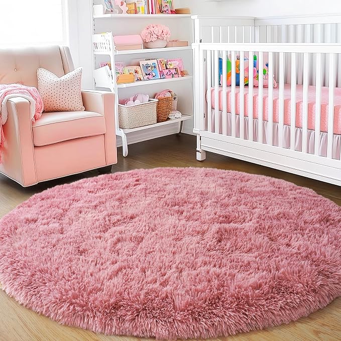 4'x4' Blush Round Rugs for Girls Bedroom, Ultra Soft Fluffy Circle Rug for Kids - Image 7
