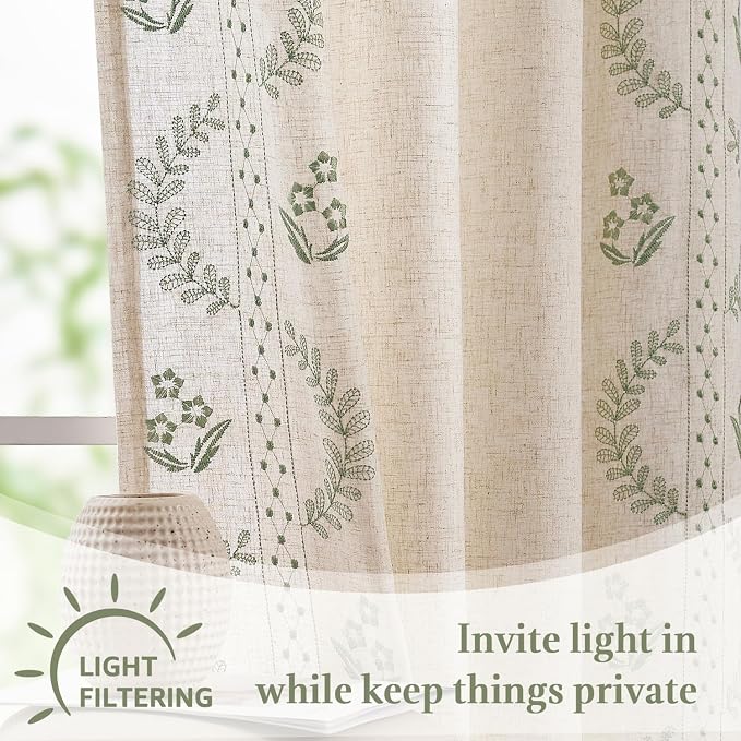jinchan Belrose Linen Floral Cafe Curtains 45 Inch Length Embroidered Farmhouse - Image 6