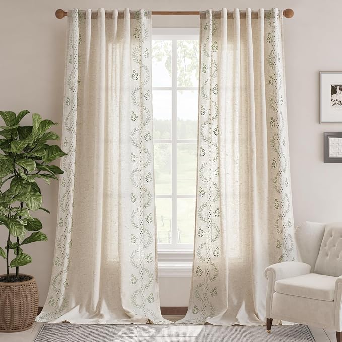 jinchan Belrose Linen Curtains for Bedroom Floral Curtains 108 Inch Length - Image 2