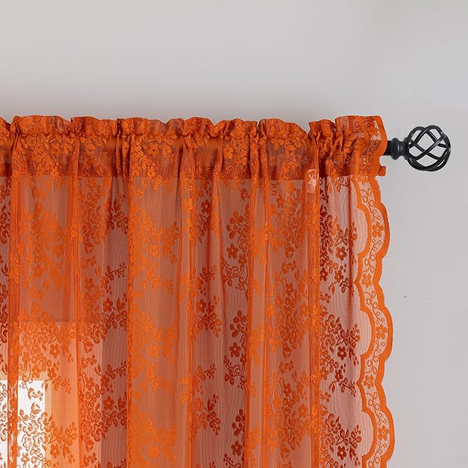 YJ YANJUN Vintage Lace Curtains 102 Inches Long-Rust Retro Floral Burnt Orange - Image 3