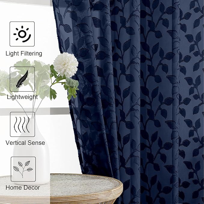 Chyhomenyc Navy Blue Sheer Curtains 30 Inch Length, Light Filtering Leaf Tufted - Image 6