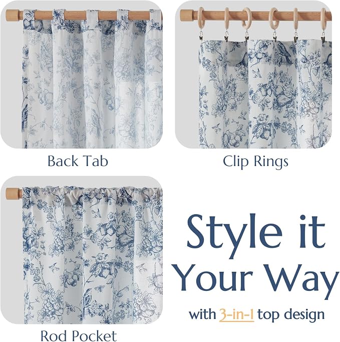 jinchan Linen Floral Curtains for Living Room 63 Inch Length Blue Printed - Image 4