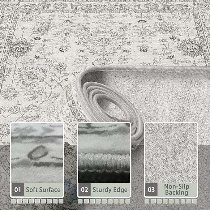 Grey White Area Rugs 5x8 for Living Room Bedroom, Non-Slip Washable Rugs Stain - Image 3