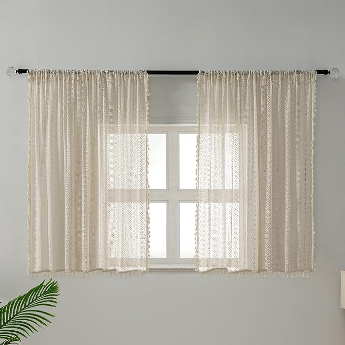 WAZZIO Boho Lace Curtains 45 Inches 2 Panel, Light Filtering Privacy Tassel & - Image 2
