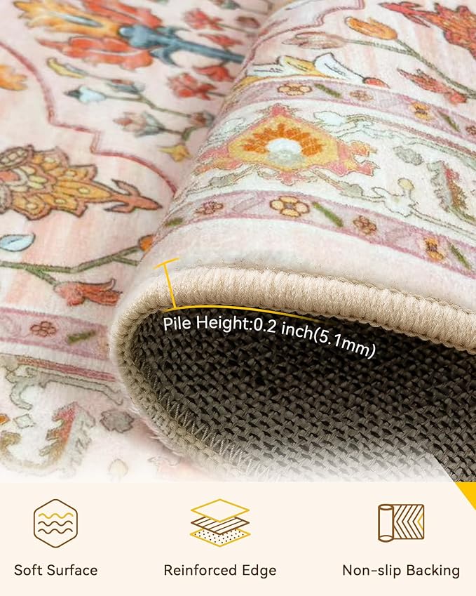 Area Rugs Square 4ft Washable Non-Slip, Floral Vintage Distress Print Pattern - Image 2