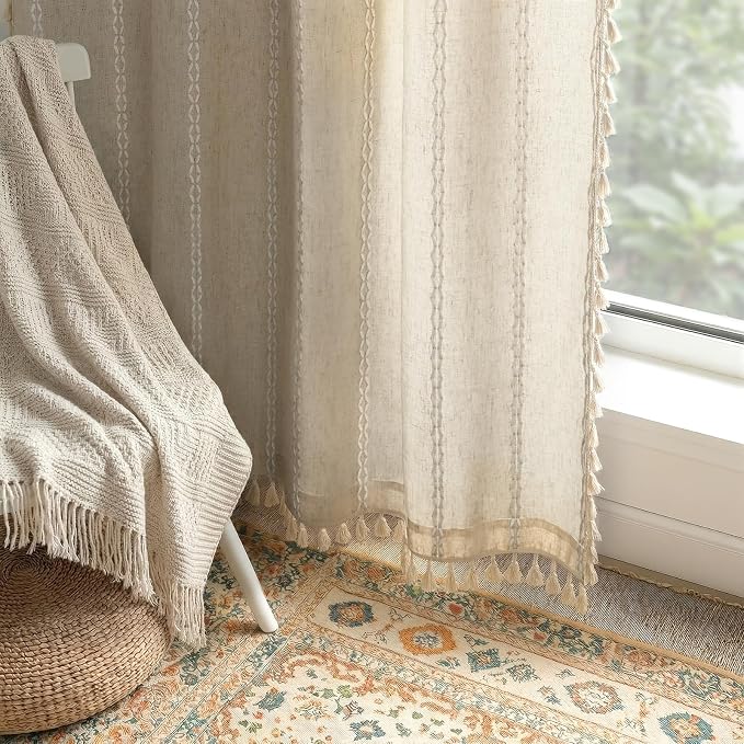 Boho Light Filtering Curtains 63 Inches Long Beige Linen Blend 2 Panels - Image 2