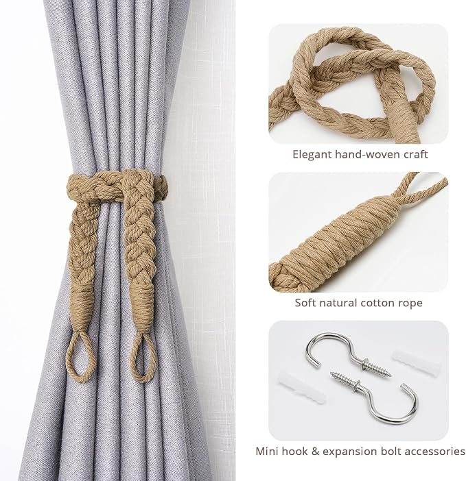 NICEEC 4 Pack Natural Cotton Rope Curtain Tiebacks Elegant Boho Style - Image 2